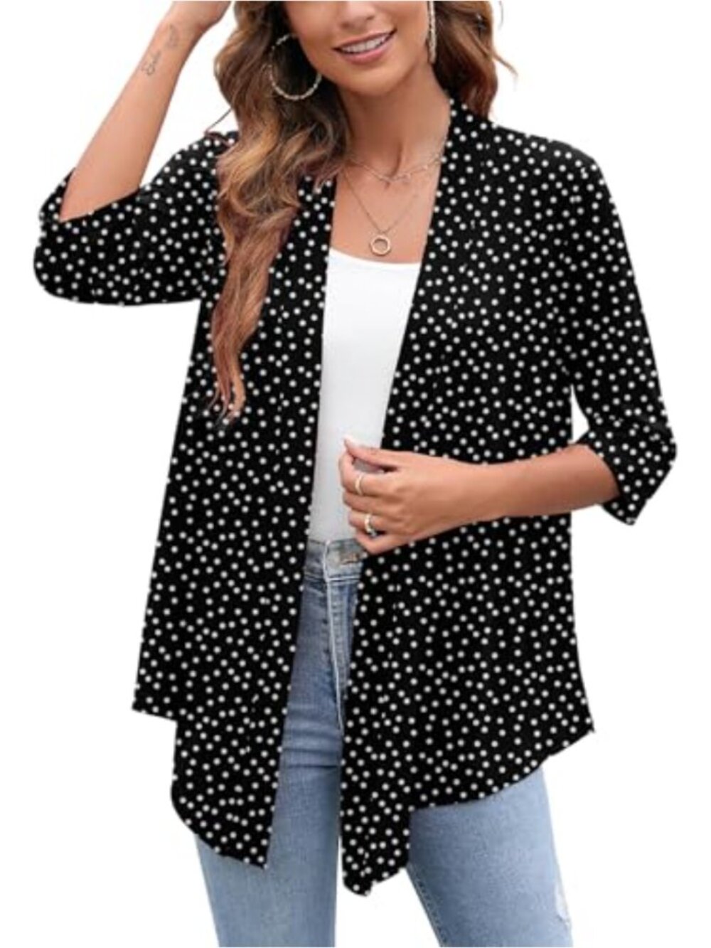 Women's Open Front Cardigan 3/4 Sleeve Lightweight Polyester Draped Casual Top
